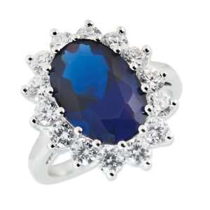  Sterling Silver Large Dark Blue Glass and CZ Oval Ring 