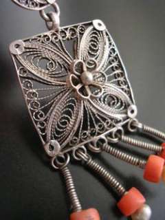ARABESQUE EARRING ethnic artisan silver fligree uzbek coral pearl hand 