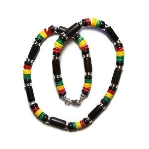  Wood and Rasta Beaded Necklace with Lobster Claw Clasp 