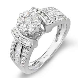  14k White Gold Round & Baguette Diamond Ladies Bridal Ring 