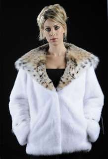 SAGA FURS White mink fur jacket coat with full skin Lynx hood   All 