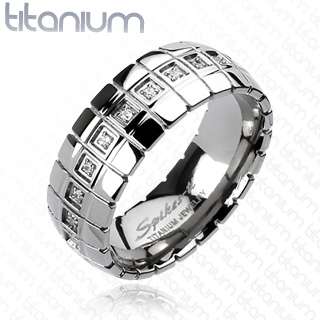 Mens solid titanium ring with Cross Etched Groove Multi CZ wedding 