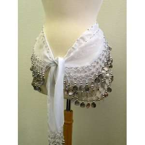 Belly Dance Scarf ,White Silky w/Silver Sequines,Soft Touch ,Gorgeous 