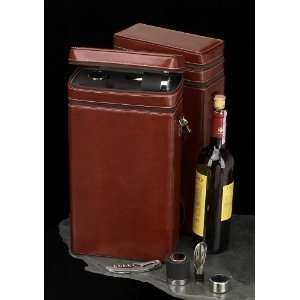 Executive Cognac Brown Genuine Leather Wine Carrier Caddy Case For Two 