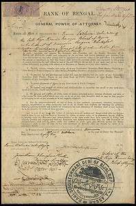 Bank Of Bengal 1883 Power signed & seal of Rani Debi of Bijnee 