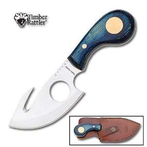 Timber Rattler Blue Wood Handle Gut Hook Knife w/ Leather Sheath