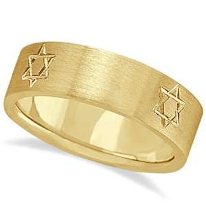 Jewish Star of David Mens Carved Wedding Ring Band 14k Yellow Gold 