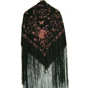 Silk Embroidery Piano Shawl: Black with Red Brown Flamenco Floral 