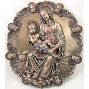  Bronze Theotokos & Baby Jesus Angels Wall Plaque Statue 