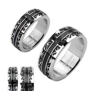   : Stainless Steel Black IP Tribal with a Cross Ring   Size:9: Jewelry