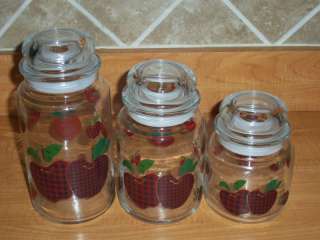 Lot of 3 apple glass cookie candy jars kitchen decor   EUC  