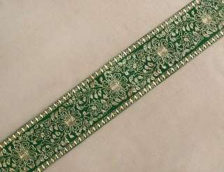 Wide, Embroidered, Iron On Trim. 3 Yards. Gold on Green  