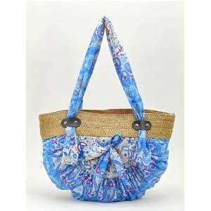  Blue Bohemian Style Printed Fabric with Woven Straw 