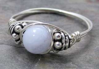 Blue Lace Agate Bali Sterling Silver Wire Wrapped Bead Ring ANY size 