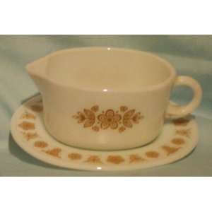   Corelle Gold Butterfly Gravy Boat with Plate Holder 