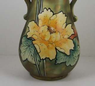 Vintage Art Pottery Vase Hand Painted Bold Flowers 14 3/4 Double 
