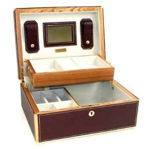  Burgandy Leather and Wood Jewelry Box. tarnish proof 