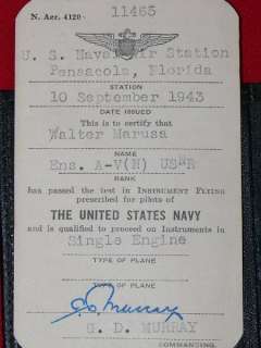 NAVY AVIATORS INSTRUMENT LICENSE & AVIATOR LICENSE AND CARRYING 
