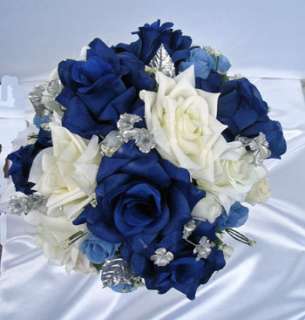 21pc Bridal Bouquet wedding flowers NAVY/ IVORY/ SILVER  