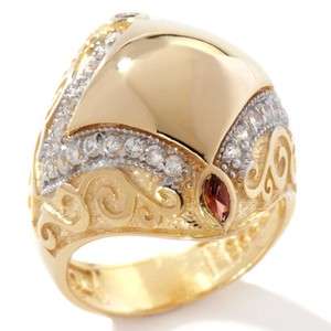 Technibond Garnet & CZ Dome Ring 14K Yellow Gold Clad Silver Gemstone 