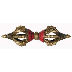 Tibetan Bronze Tantric 9 Prong Dorje Inlaid Red Coral 