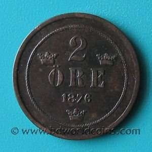  Nice 1876 Swedish 2 Ore    Die Crack on Obverse 