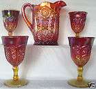 Indiana Glass Red Carnival Heirloom Paneled Daisy Pitcher & 4 Goblet 