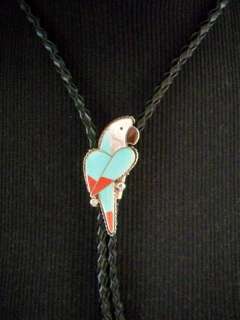 LELAND ZUNIE Sterling Silver Mosaic Inlaid PARROT Bolo  