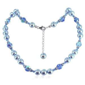 Sterling Silver Blue Imitation Pearl and Clear Crystal Necklace 20 