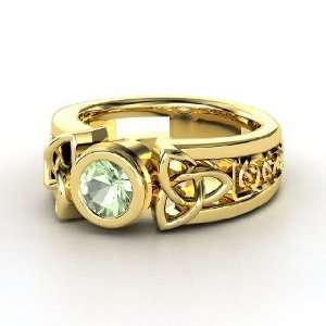    Celtic Sun Ring, Round Green Amethyst 14K Yellow Gold Ring Jewelry