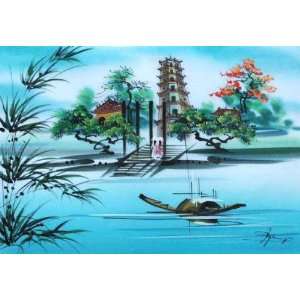  Vietnamese Silk Paintings   13 x 8.5 Thien Mu Pagoda 