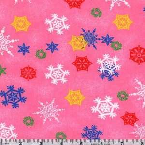  45 Wide Flannel Snowflakes Pink Fabric By The Yard: Arts 