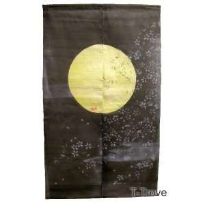  Noren or Door Curtain Black with Moon and Spring Flowers 