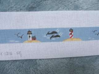 Barbara Eyre Lighthouses Whales Hand Painted Needlepoint Belt Canvas 