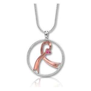   Two Tone Gold Pink Sapphire Breast Cancer Awareness Necklace: Jewelry