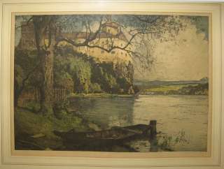   Vintage Signed Color Etching Persenbeug Castle on Danube Austria