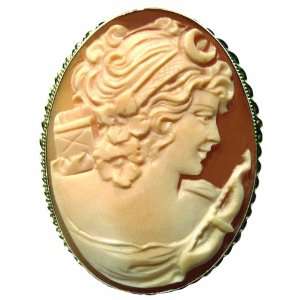 Goddess Diana, Cameo Pin Pendant Master Carved Carnelian Conch Shell 