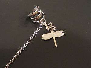  Silver Dragonfly & Cross Ear Cuff Wrap Clip Chained Stud Earring