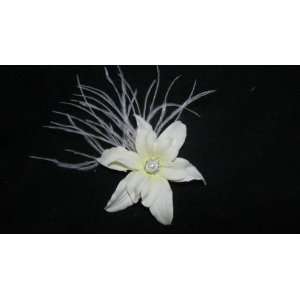  Formal Ivory Lily and Feather Hair Flower Clip Beauty
