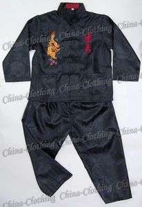 Kids Chinese Dragon Kung Fu Shirt Pants Set Black L55K  