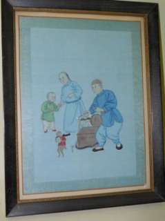 Framed Chinese Watercolor on Silk   Man, Monkey & Masks  