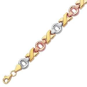  14K Tri Color Gold Hugs and Kisses Link Bracelet   7.25 