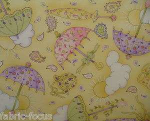 Umbrella Sun Clouds Boots Hat Lemon Nursery Quilting Fabric  