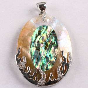 White Shell & Abalone Shell Crackle Oval Pendant 1pc  