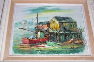 RARE SIGNED A. SIMPSON NEW ENGLAND BOAT DOCK PAINTING  
