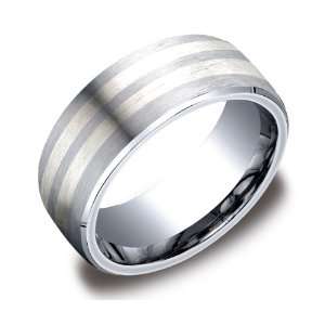   Fit Wedding Ring Band all Satin with Parallel Silver Inlays, Size 8