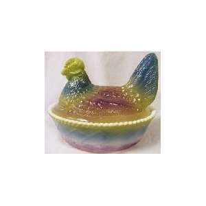  5 Glass Painted Pastels Chicken on Basket Covered Bowl 
