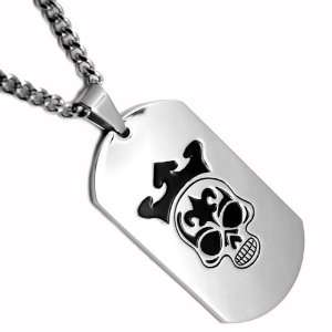   Skull with Crown Dog Tag Necklace Black Plated 24 Curb Chain Jewelry