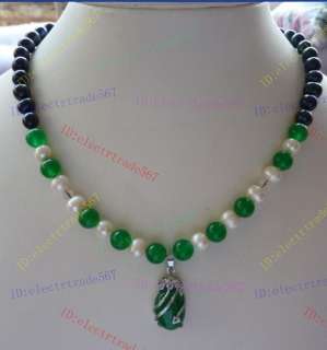 17 Black Akoya Cultured Pearl&Green Necklace 7 8mm  