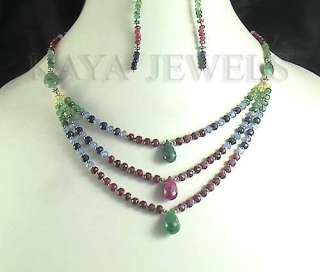   NATURAL 121Cts RUBY EMERALD SAPPHIRE BEAD NECKLACE 925SL 
